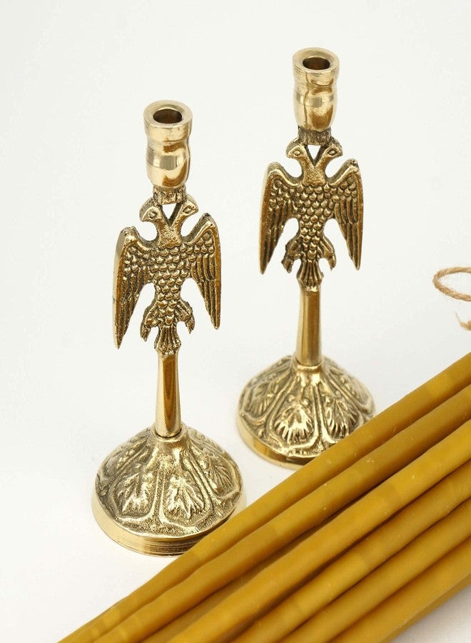 BlessedMart Set of 2 Eagle Design Brass Candle Holders and 20 Pure Beeswax Church Candles, Orthodox Tapers, Byzantine Candlestick, Home Altar - Image 2